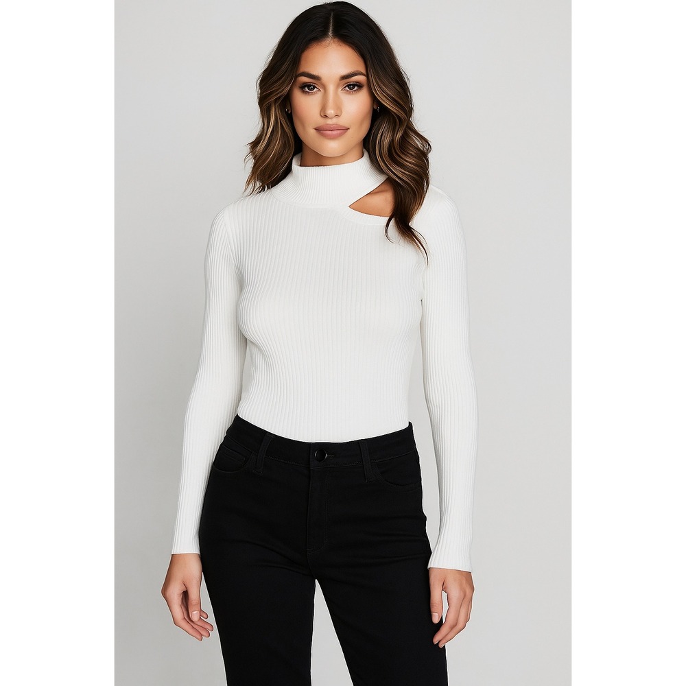 DKNY Sweater Top Womens XL White Cutout Shoulder‎ Ribbed Knit Minimalist Modern